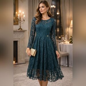 229-Rinascimento Teal Long Sleeve‎ Lace Dress High Low